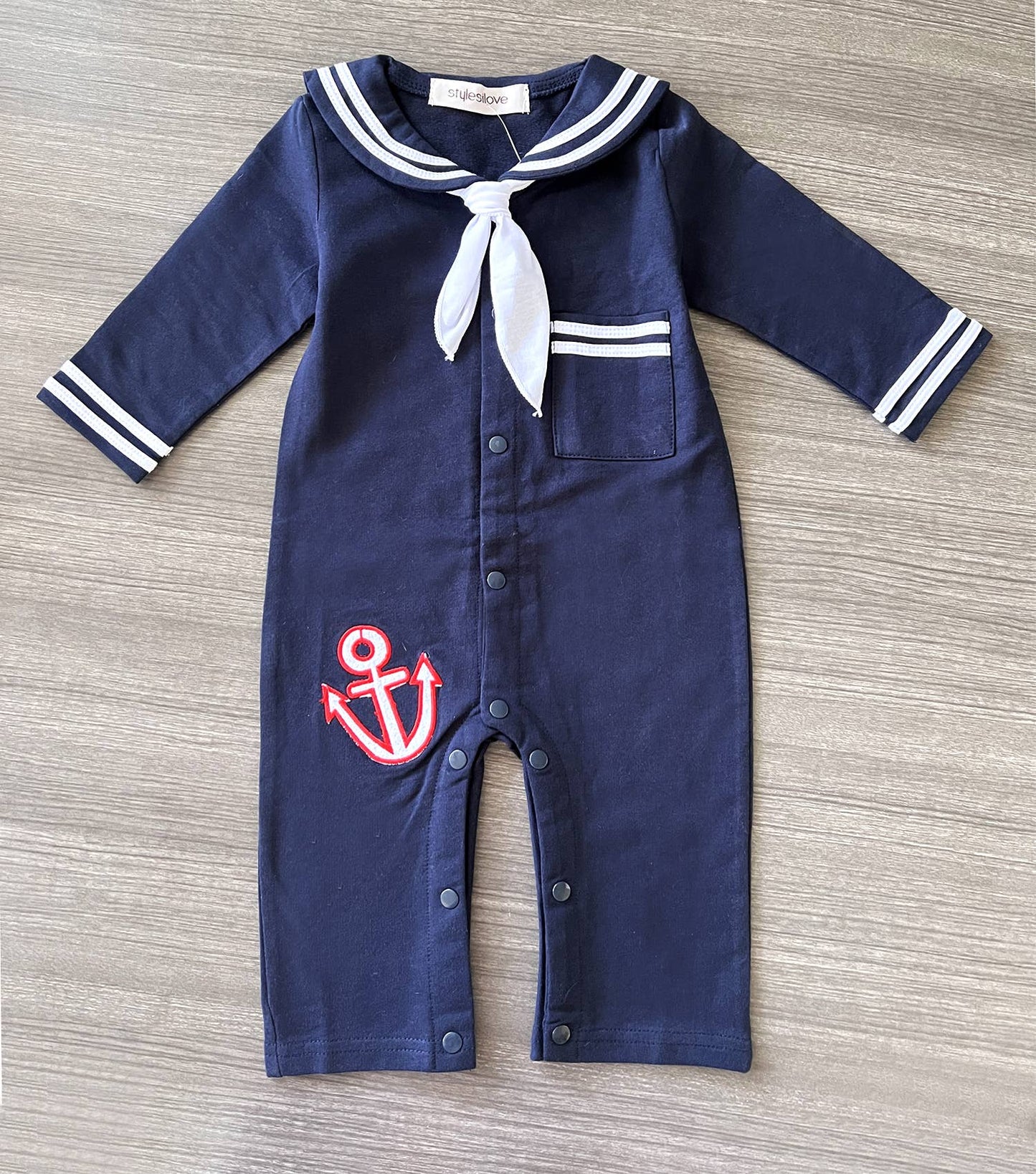 Navy Blue Sailor Long-Sleeve Cotton Baby Romper