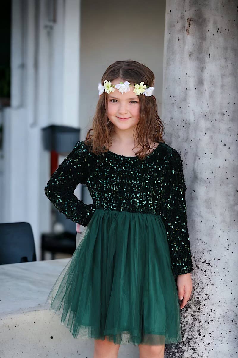 Forest Green Sequins Dress w/Tulle Skirt