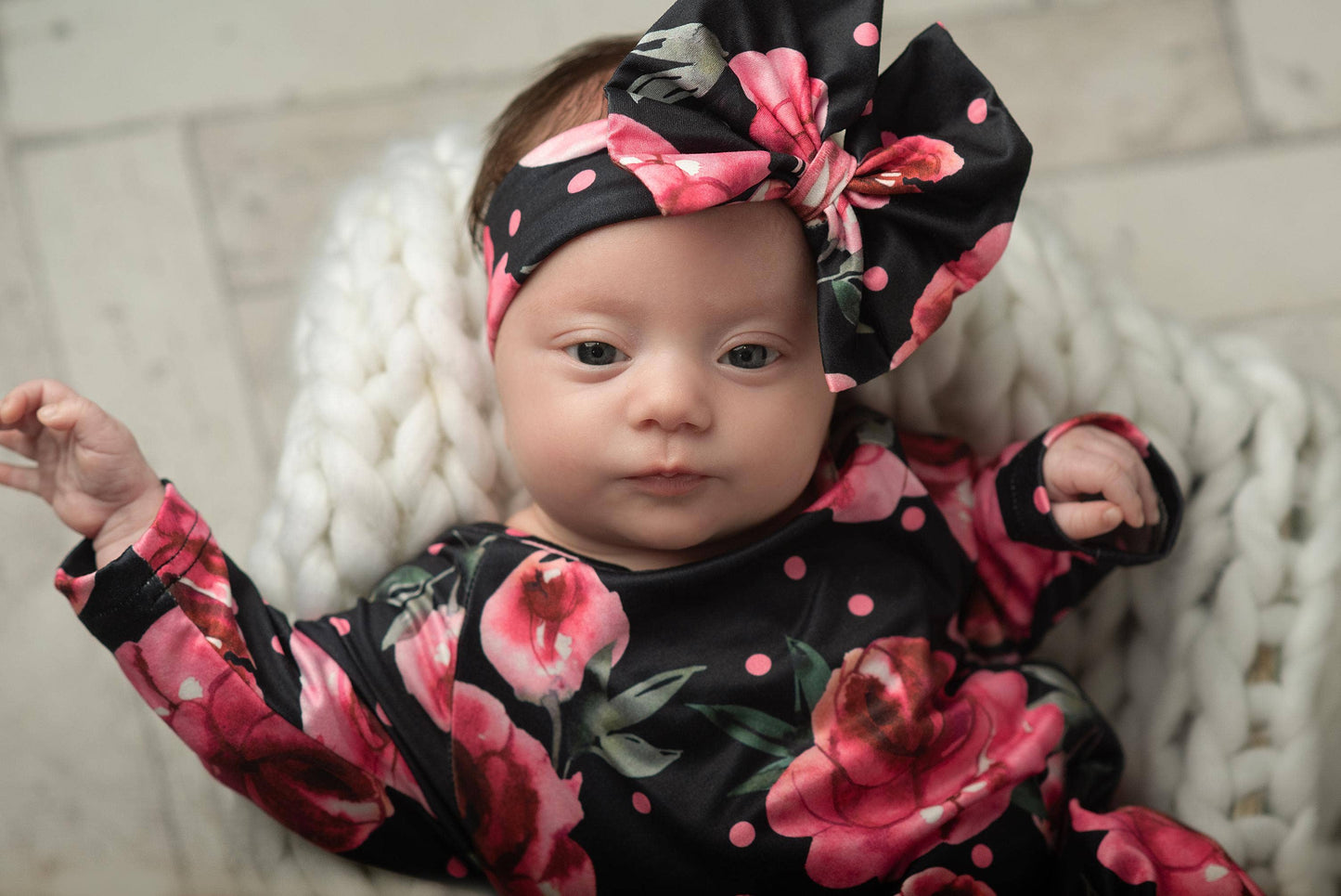 Black Dot Rose Baby Gown & Bow Headband