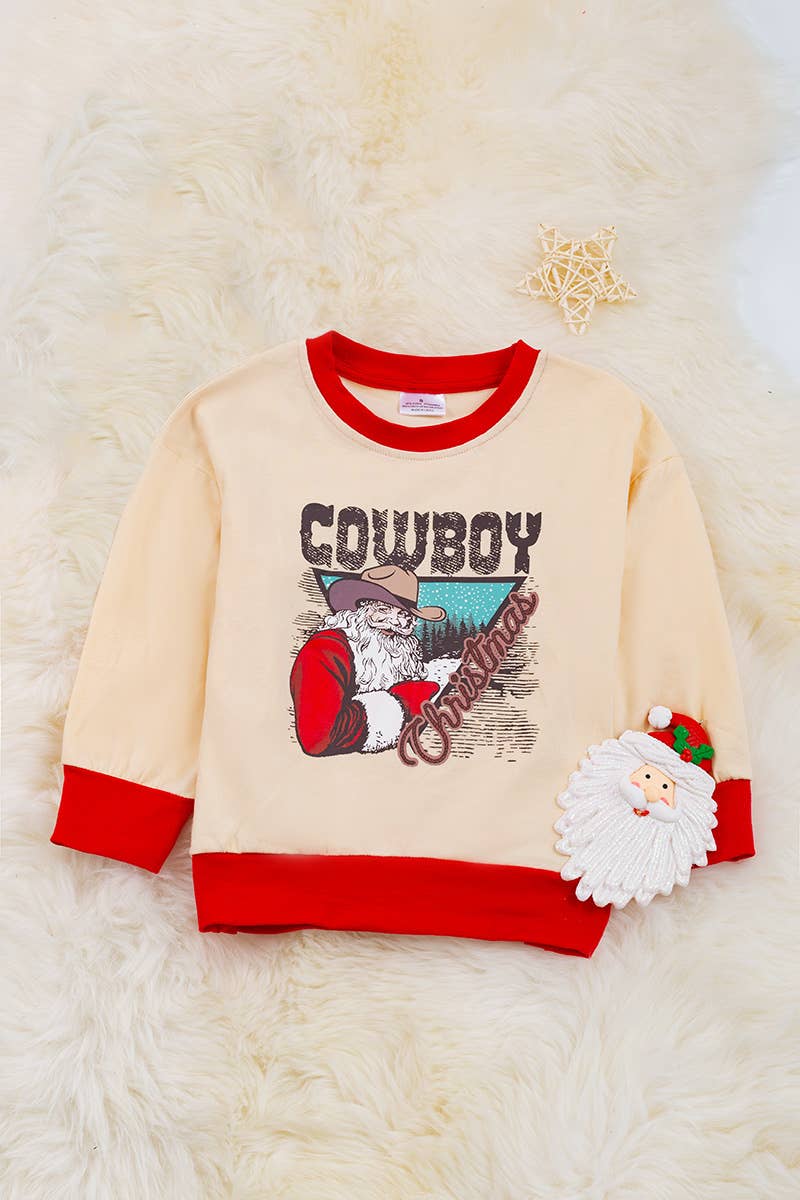 Cowboy Christmas Ivory Christmas Sweatshirt with Red Trim.
