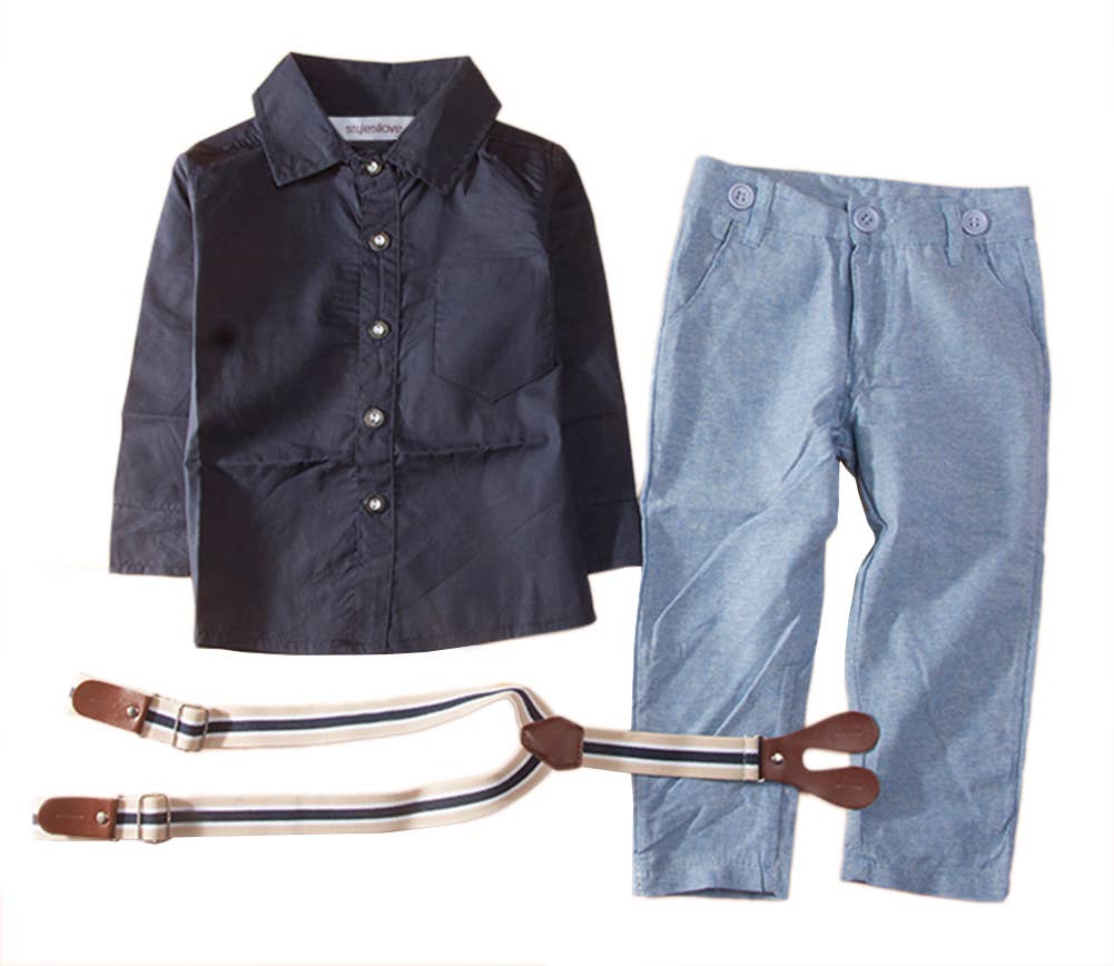 Blue Button Down Shirt, Suspender Straps & Pants