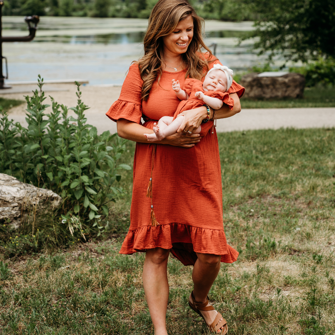 Mother and Infant Rust Colored Midi High Low Dress and Onesi