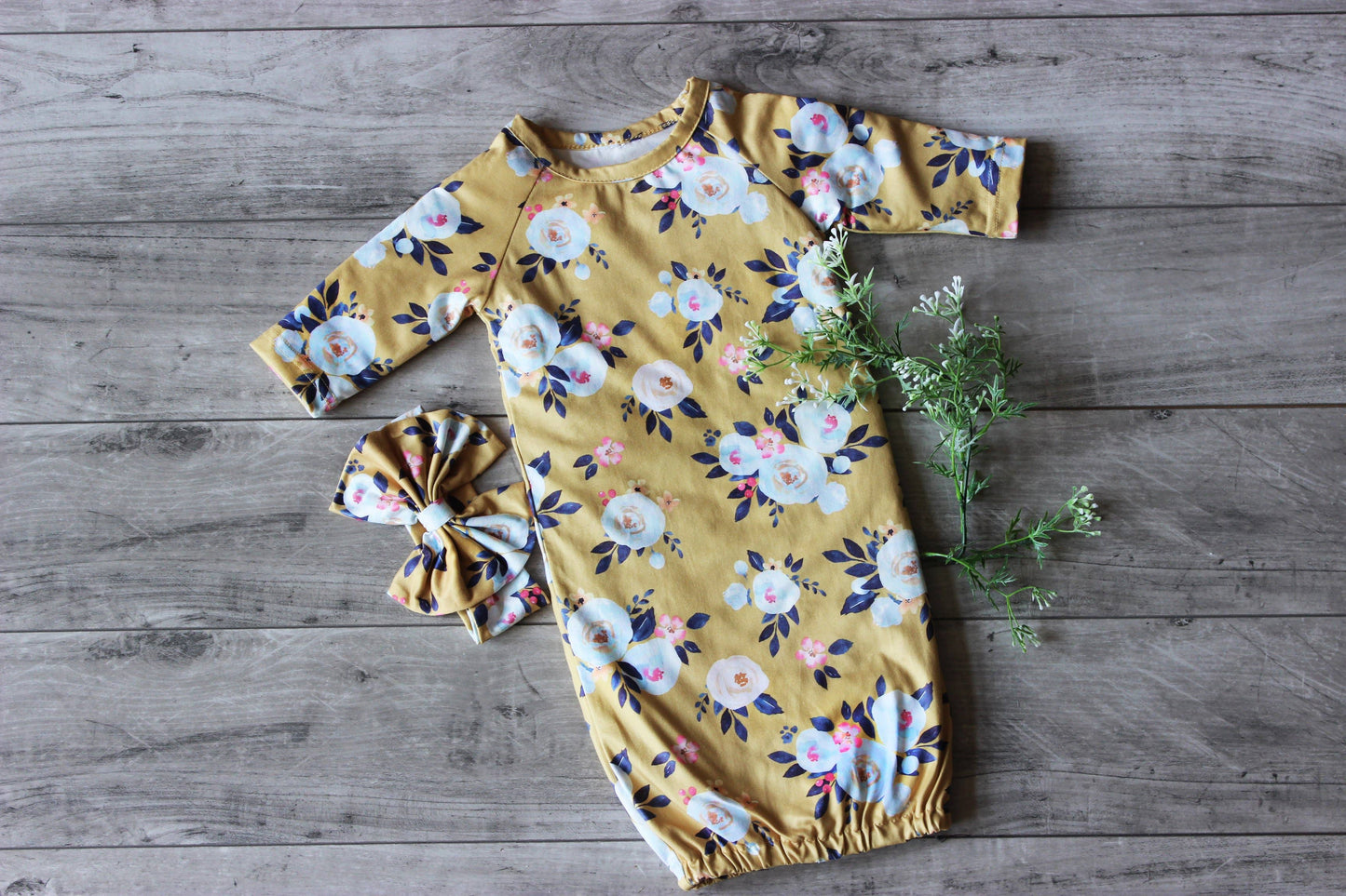 Mustard Baby Gown & Bow Headband