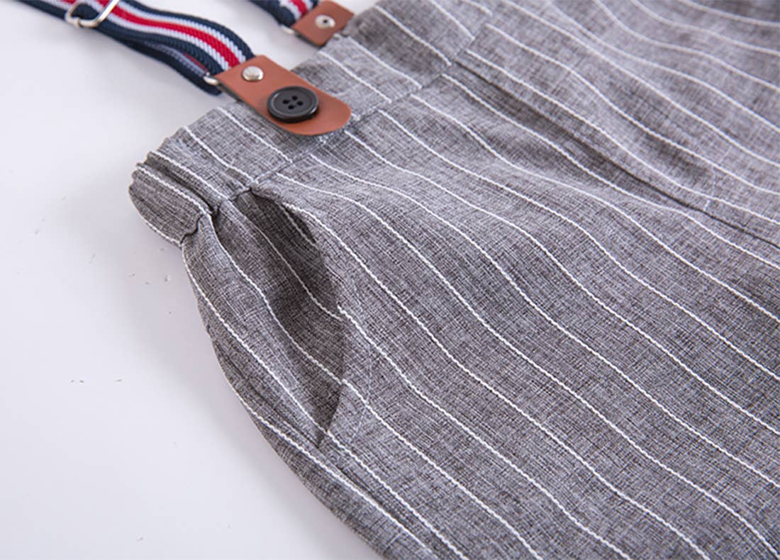 Grey Stripe Cotton Chino Long Pants w/Suspenders