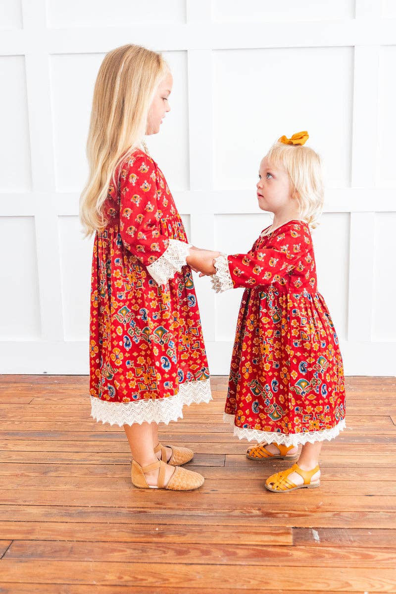 Red & Blue Printed Long Sleeve Lace Detail Dress
