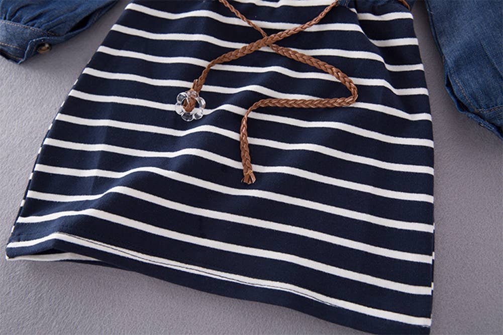 Blue Ruffle Denim Striped Mini Tunic Dress w/Belt