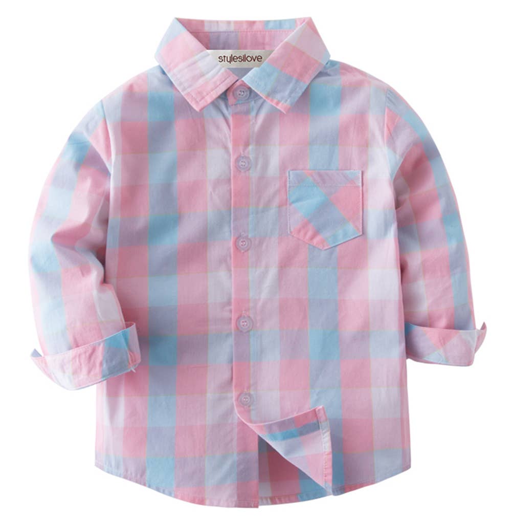 Pink & Blue Plaid Boy Cotton Button-Down Dress Shirt