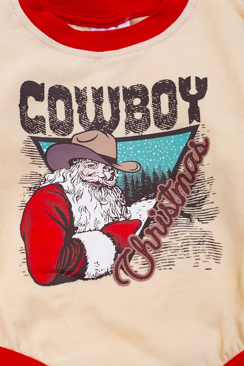Cowboy Christmas Ivory Christmas Sweatshirt with Red Trim.