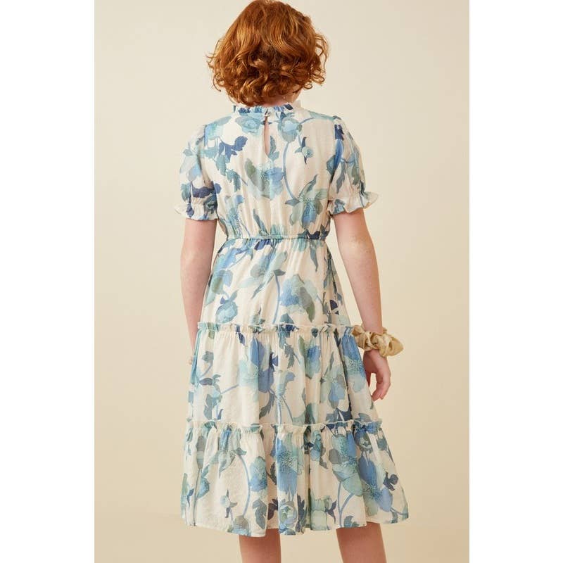Textured Floral Ruffle Neck Short Sleeve Dress
