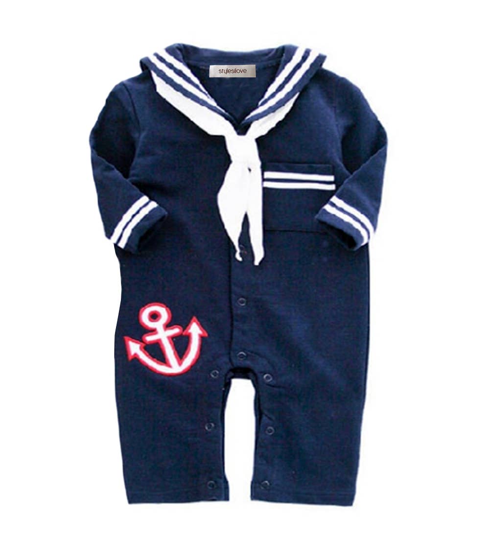 Navy Blue Sailor Long-Sleeve Cotton Baby Romper