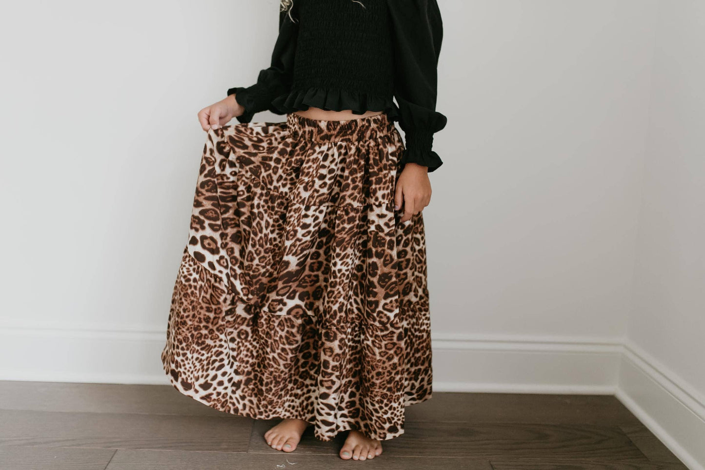 Black Ruched Top & Leopard Long Skirt 2 Piece Set