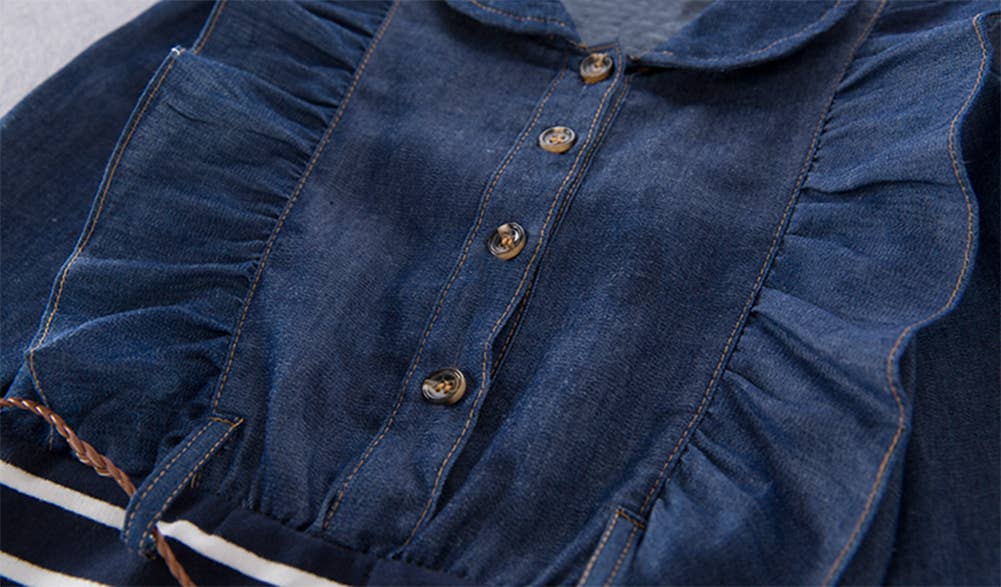 Blue Ruffle Denim Striped Mini Tunic Dress w/Belt