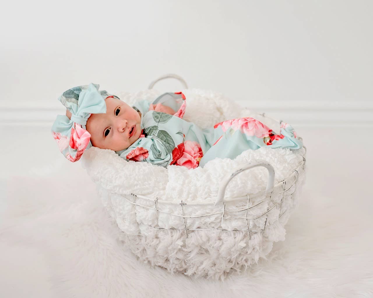 Teal Rose Baby Gown & Bow Headband