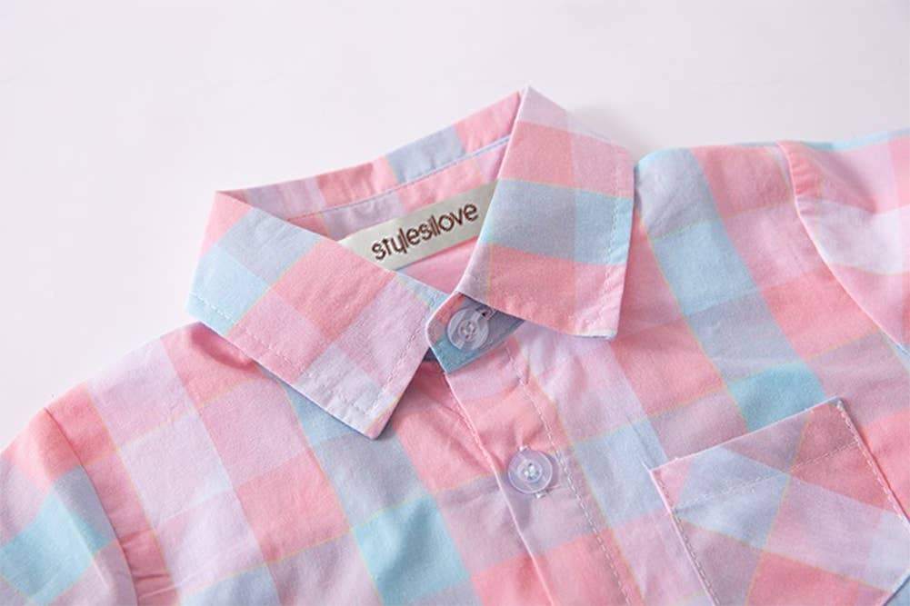 Pink & Blue Plaid Boy Cotton Button-Down Dress Shirt