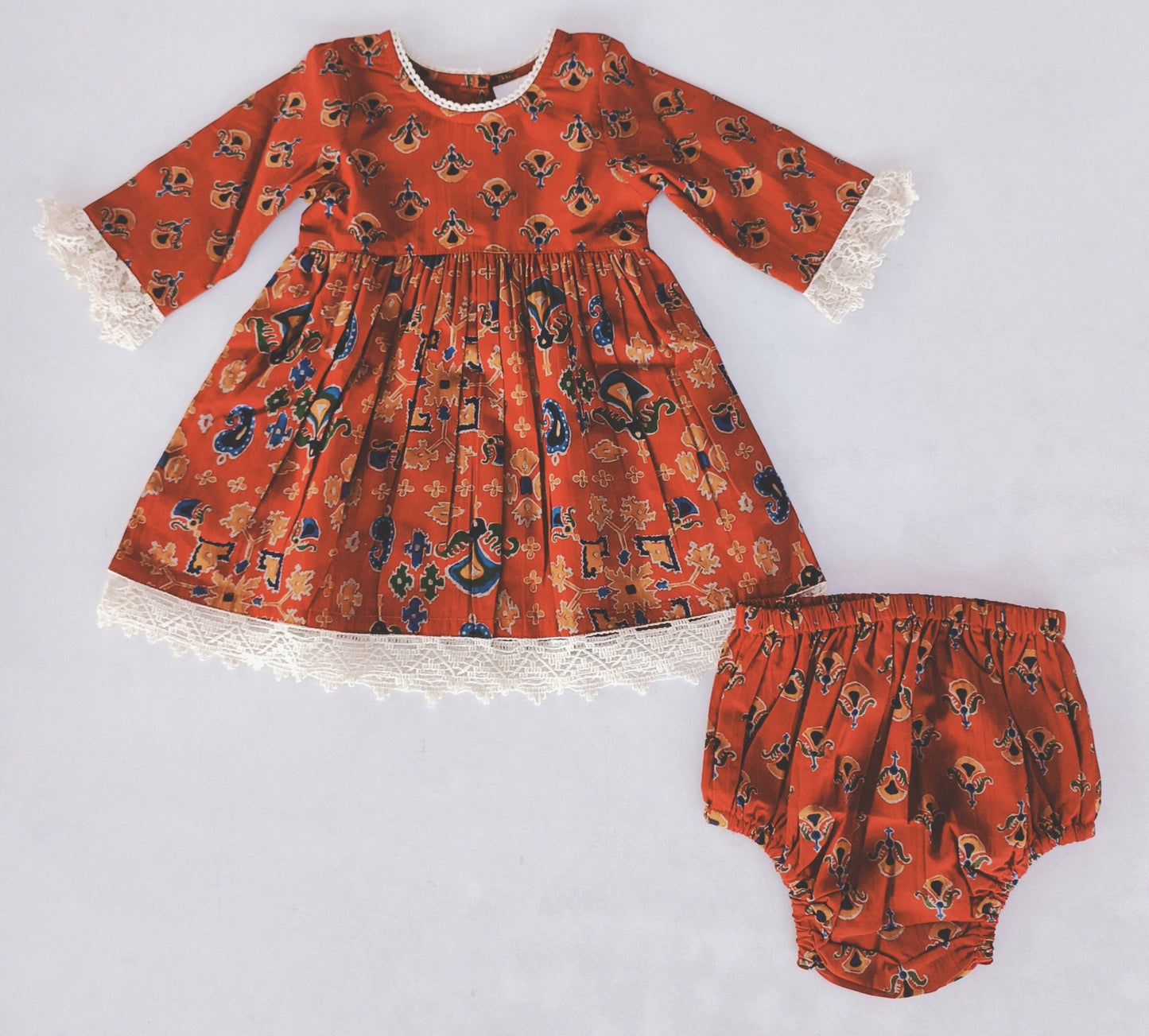 Red & Blue Printed Long Sleeve Lace Detail Dress & Bloomer