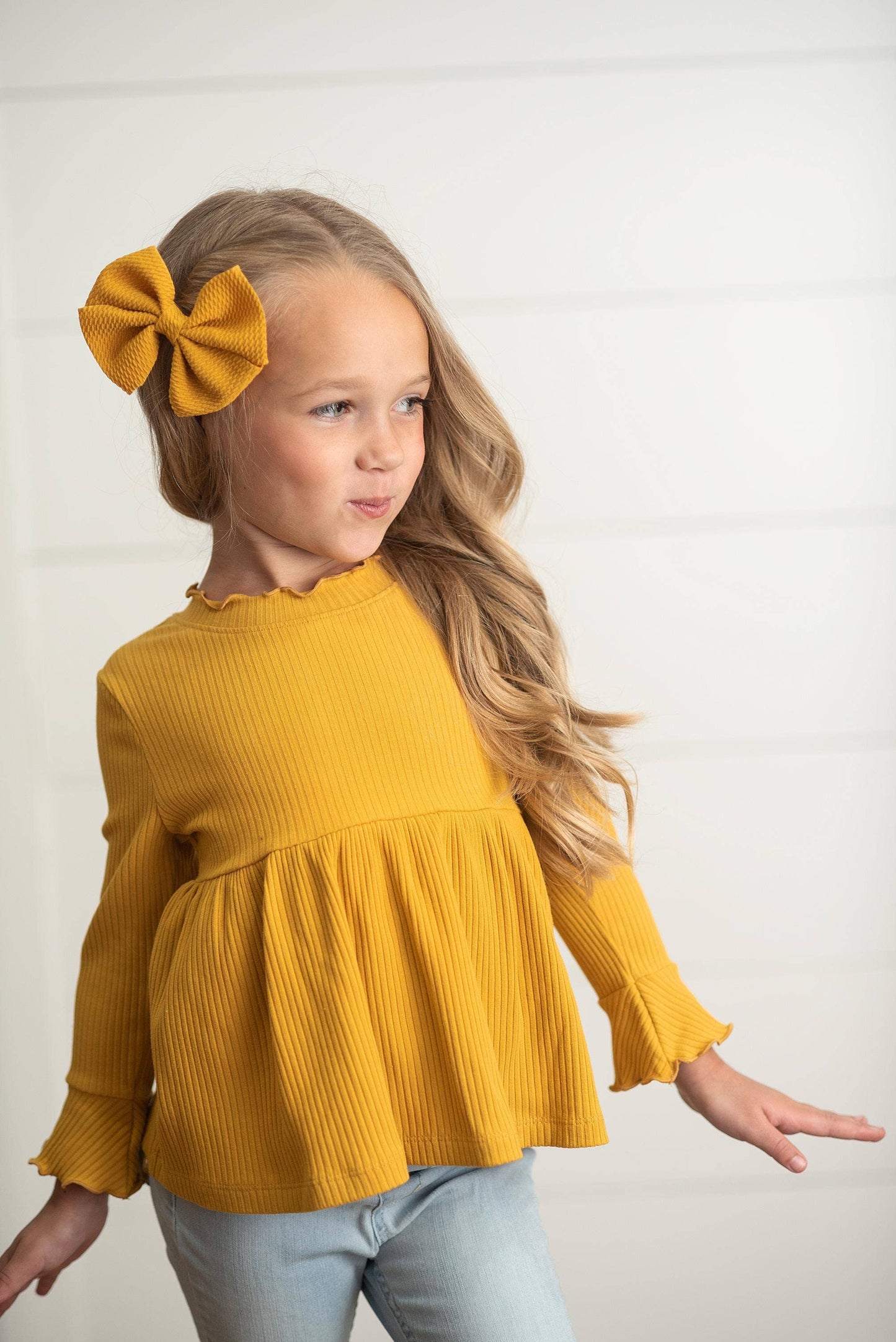 Fall Mustard Long Sleeve Lettuce Trim Ribbed Shirt