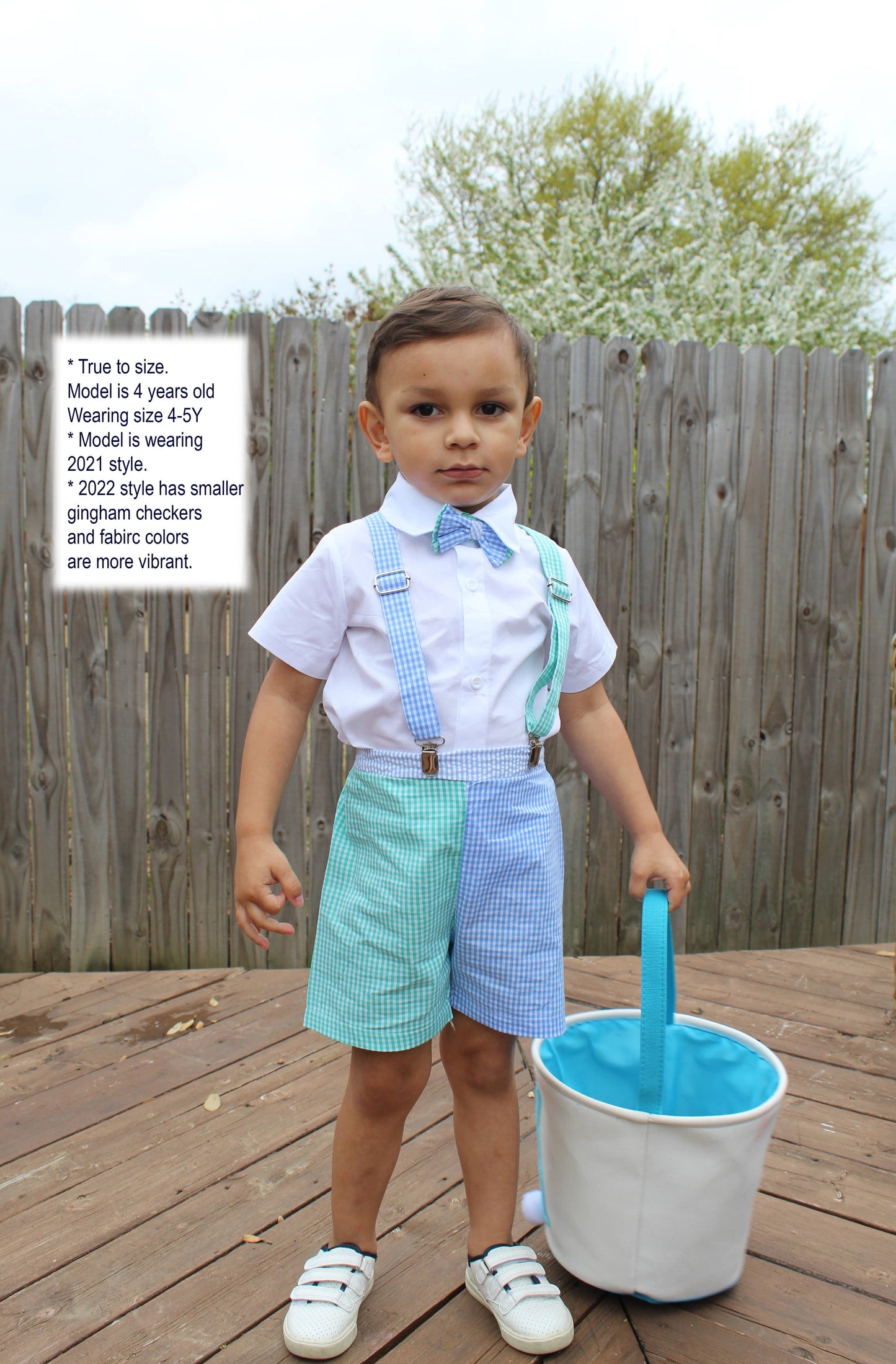White, Blue & Green Suspender Bowtie Short Suit 4pc