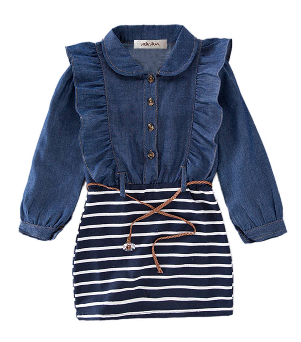 Blue Ruffle Denim Striped Mini Tunic Dress w/Belt