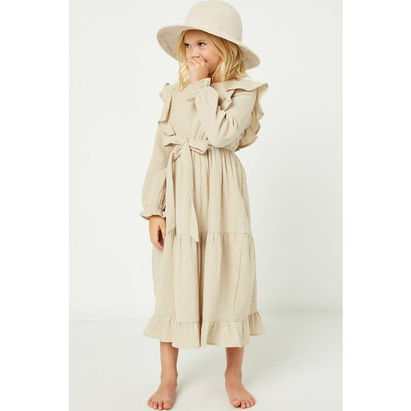 Textured Long Sleeve Ruffle Midi Dress