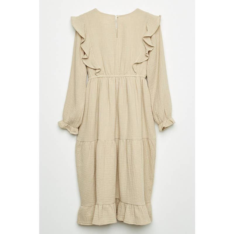 Textured Long Sleeve Ruffle Midi Dress