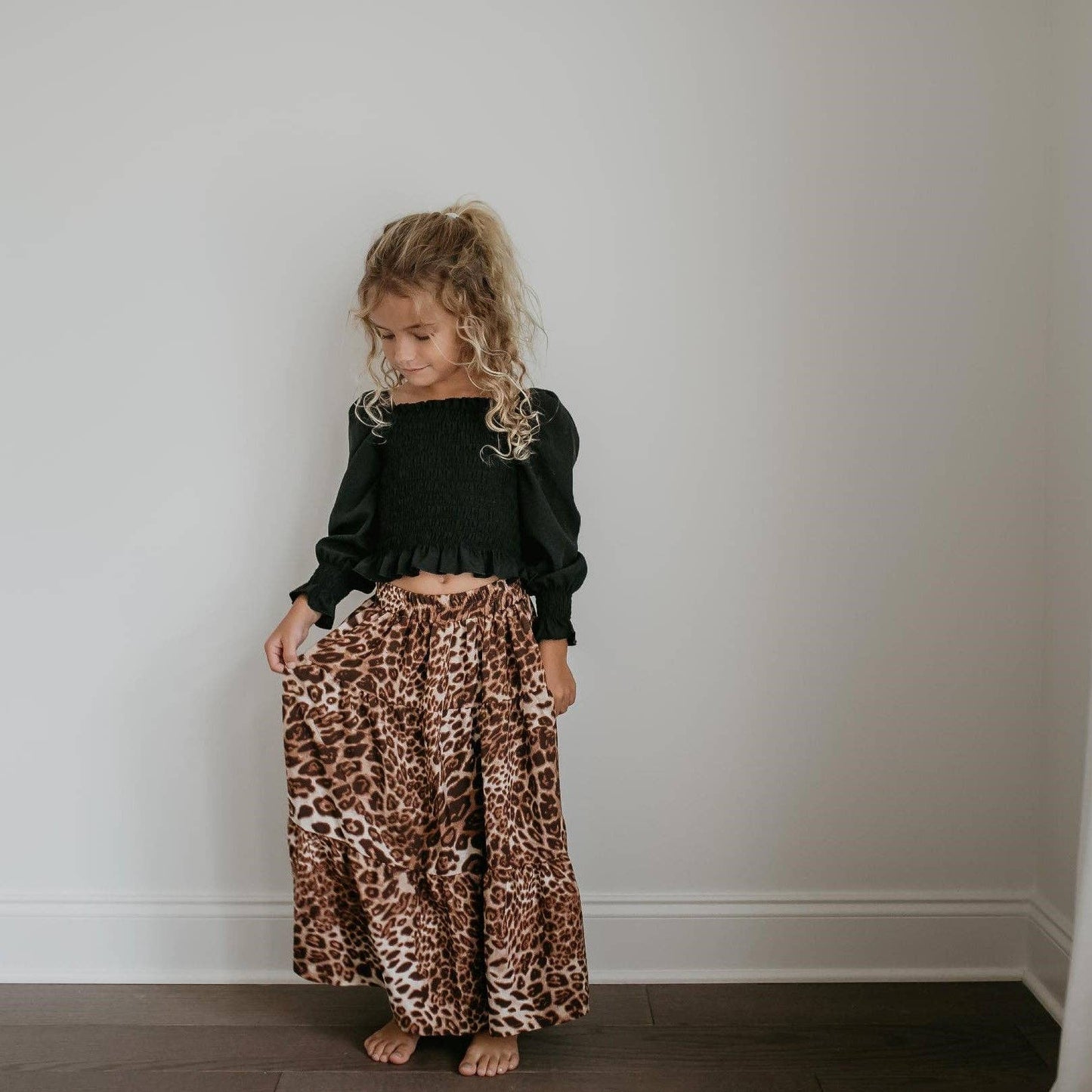 Black Ruched Top & Leopard Long Skirt 2 Piece Set
