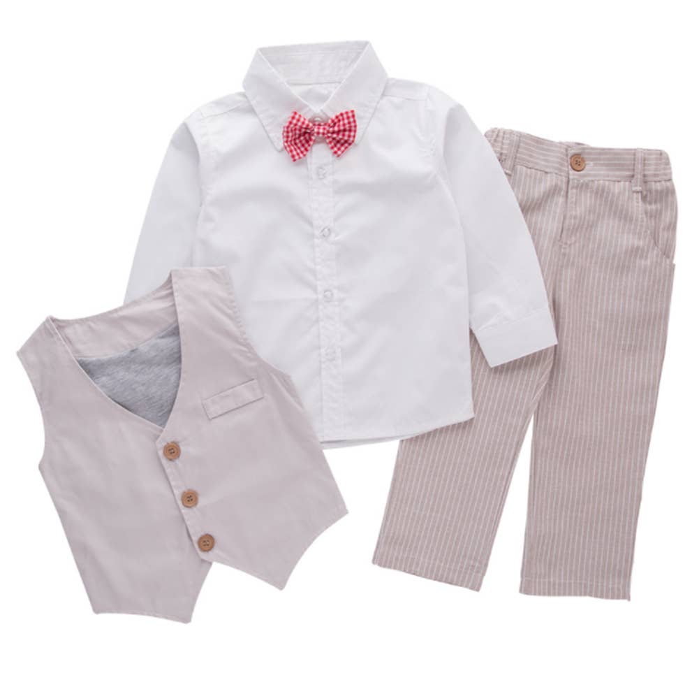 Khaki White Formal Wear Shirt, Pants & Vest 3pc Outfit