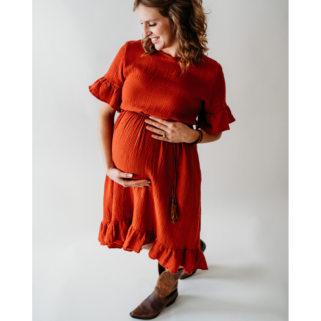 Mother and Infant Rust Colored Midi High Low Dress and Onesi