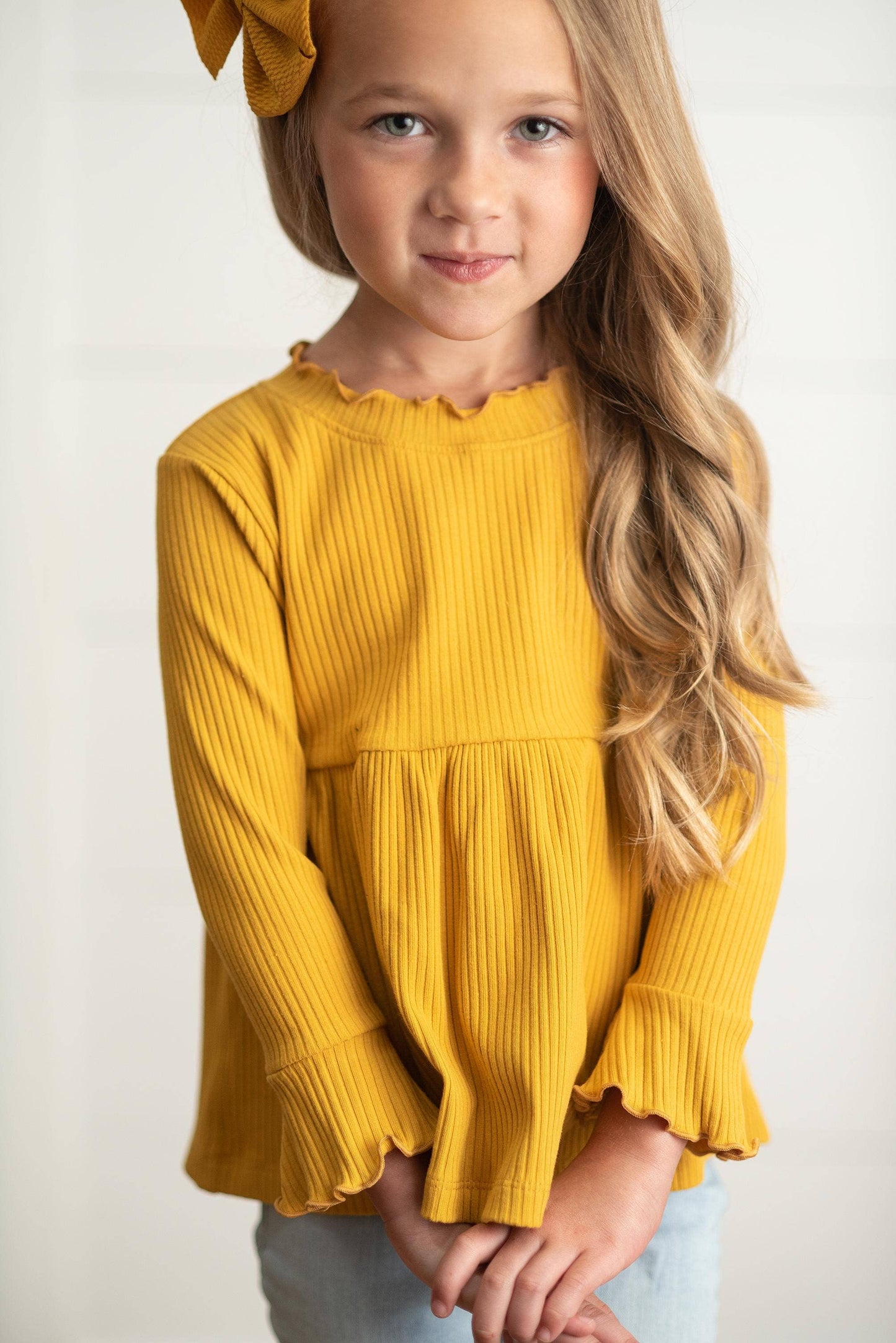 Fall Mustard Long Sleeve Lettuce Trim Ribbed Shirt