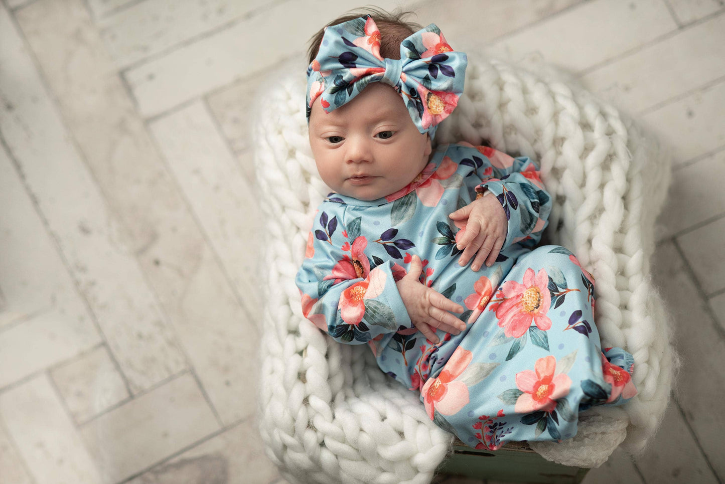 Coral Flower & Blue Baby Gown and Bow Headband