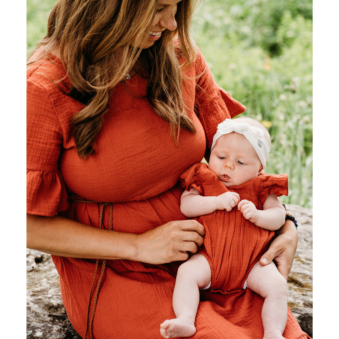 Mother and Infant Rust Colored Midi High Low Dress and Onesi