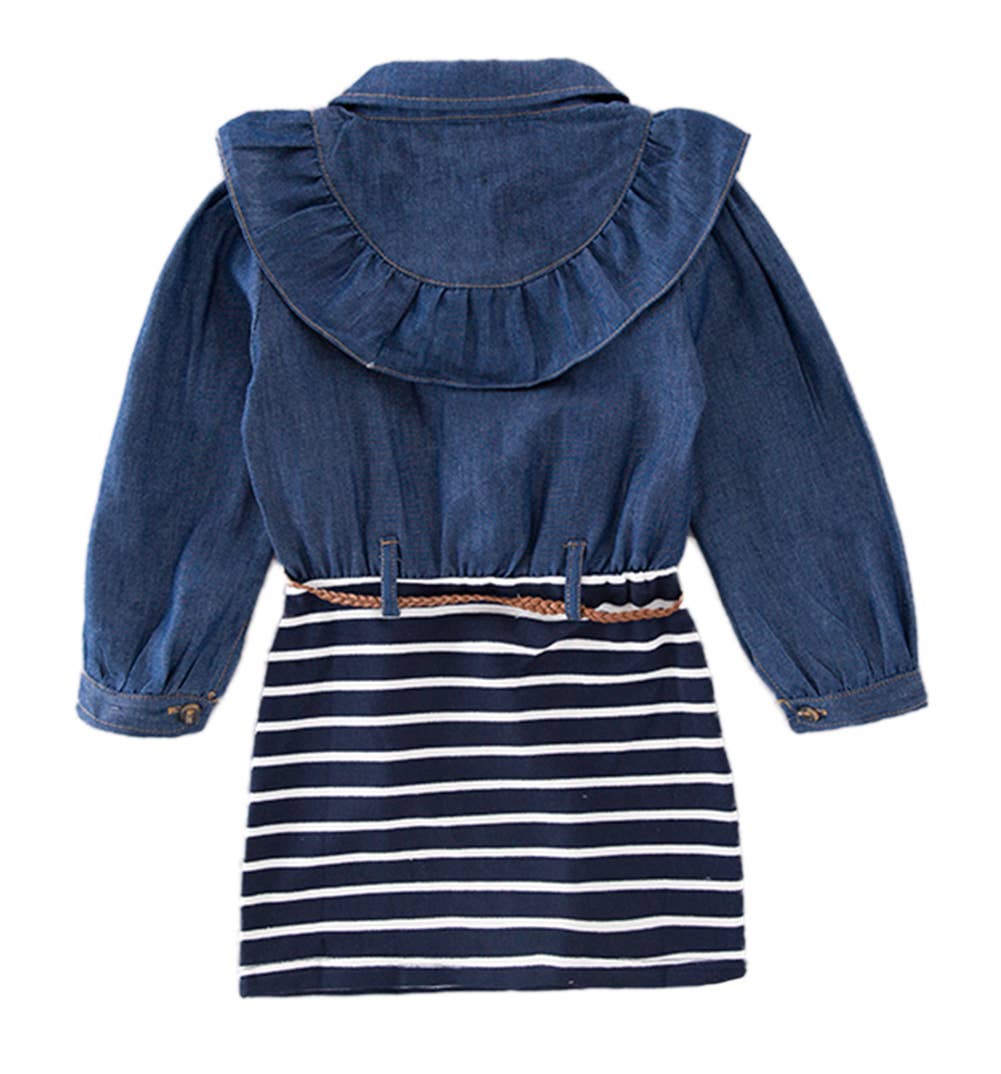 Blue Ruffle Denim Striped Mini Tunic Dress w/Belt