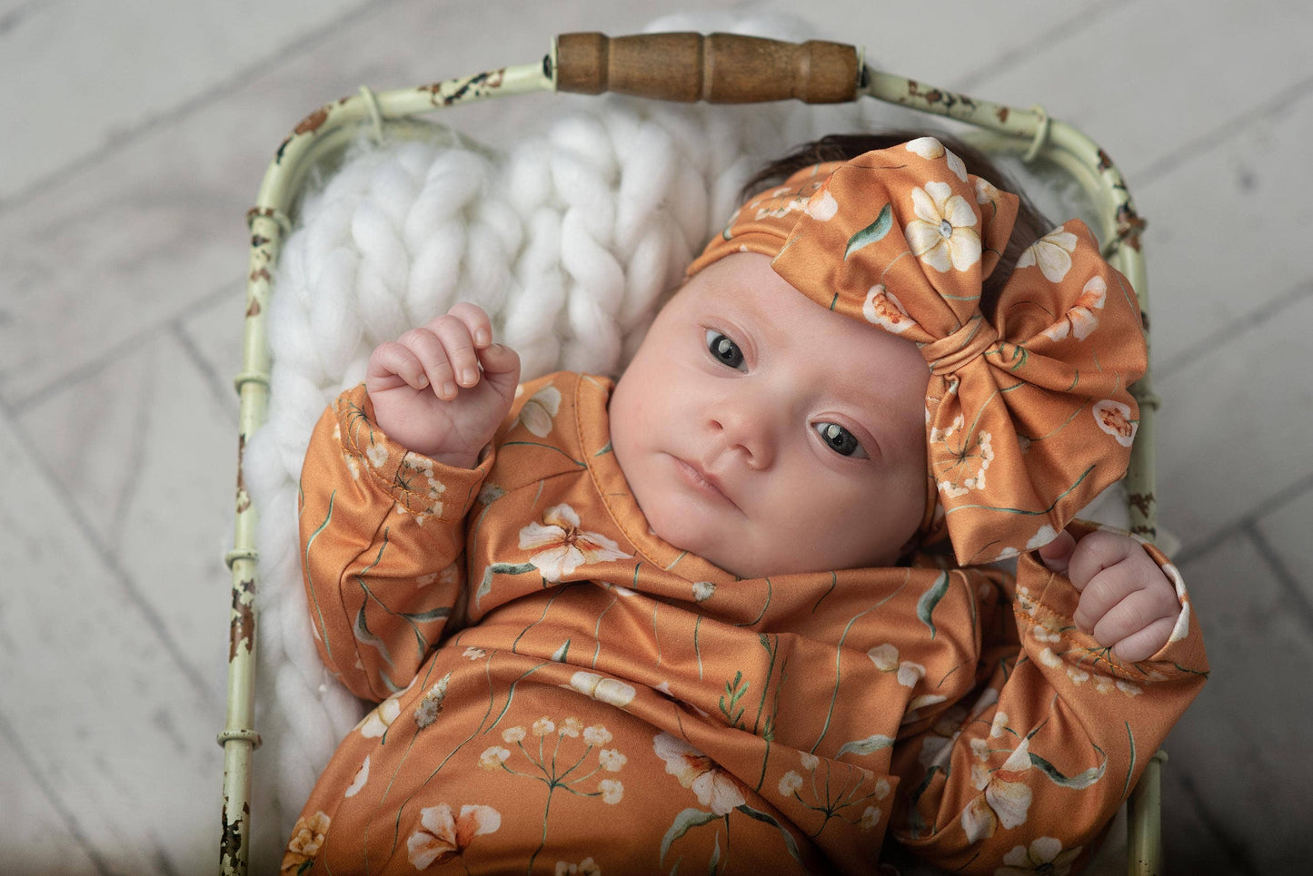 Rust Botanical Baby Gown & Bow Headband