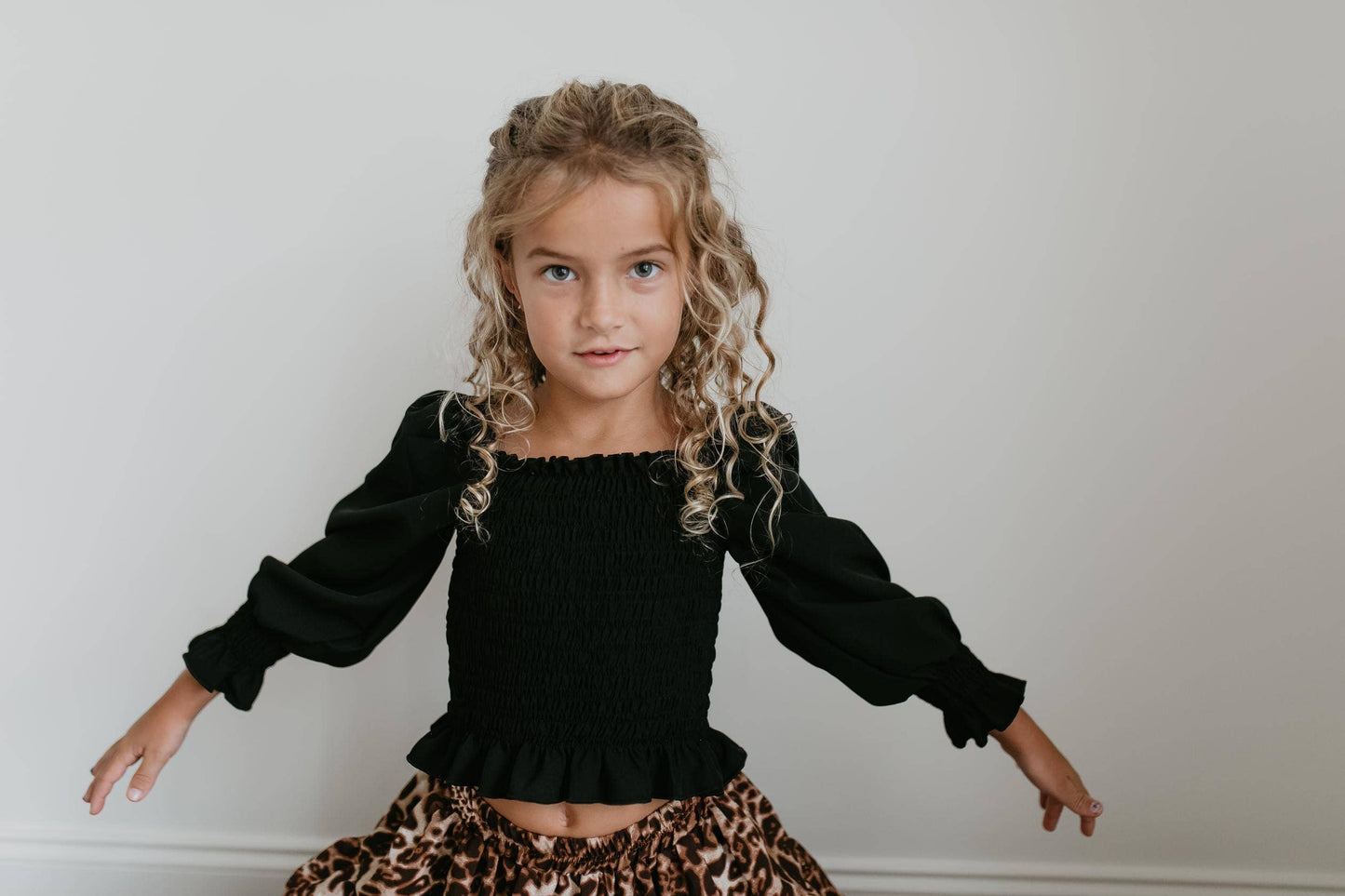 Black Ruched Top & Leopard Long Skirt 2 Piece Set