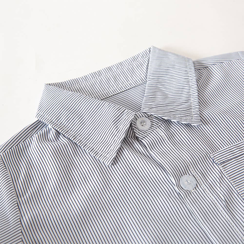 Grey Stripe Boy Cotton Button-Down Short-Sleeve Dress Shirt
