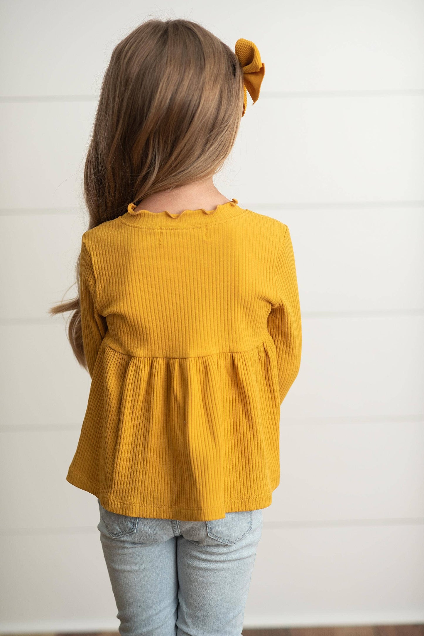 Fall Mustard Long Sleeve Lettuce Trim Ribbed Shirt