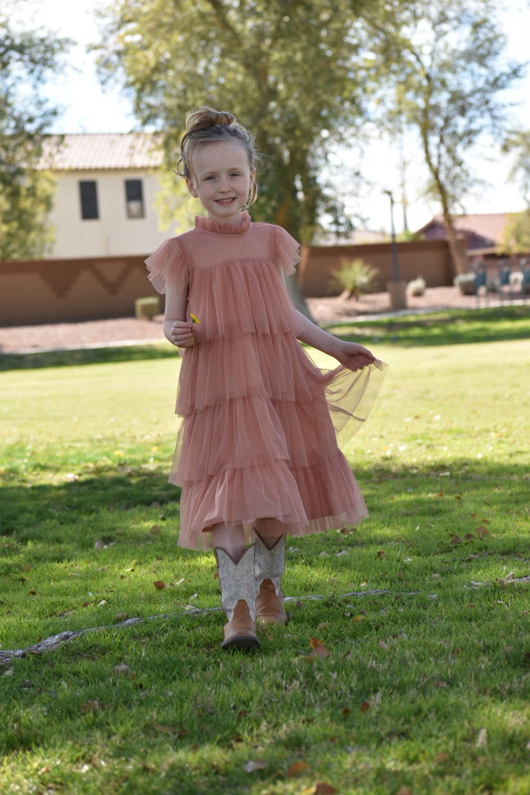 Dark Pink Tulle Ruffled Tiered Dress