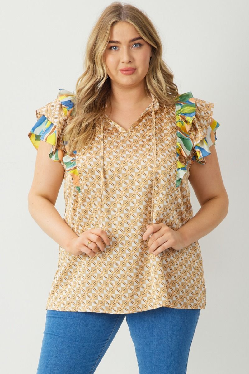 Contrast Ruffle Print Top