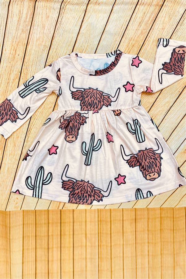 Bulls & Cactus & Stars Print Long Sleeve Dress
