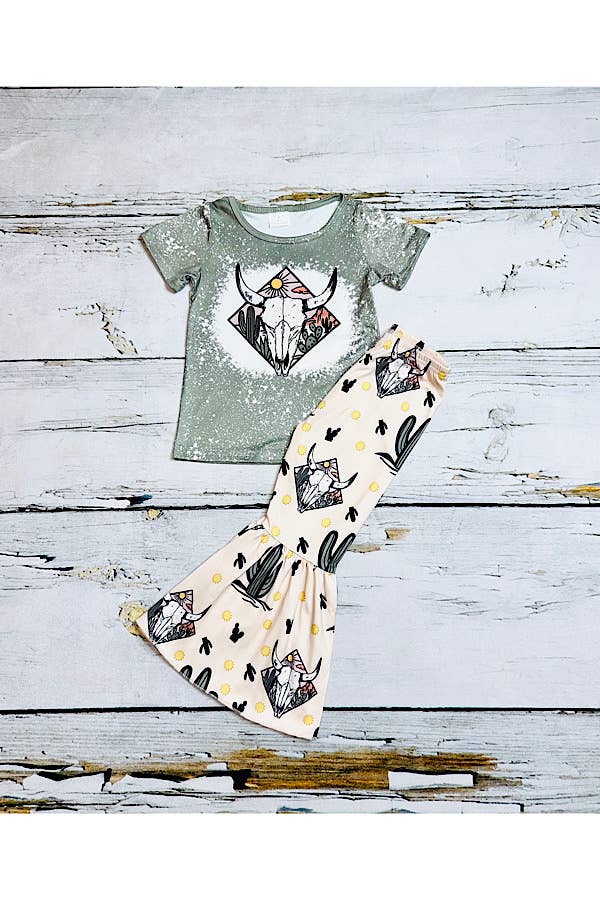 Bull Skull & Cactus Green 2pc Short Sleeve Set