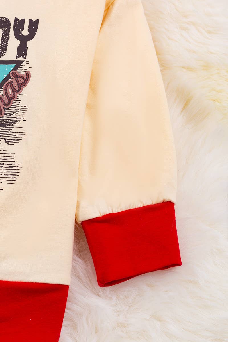 Cowboy Christmas Ivory Christmas Sweatshirt with Red Trim.