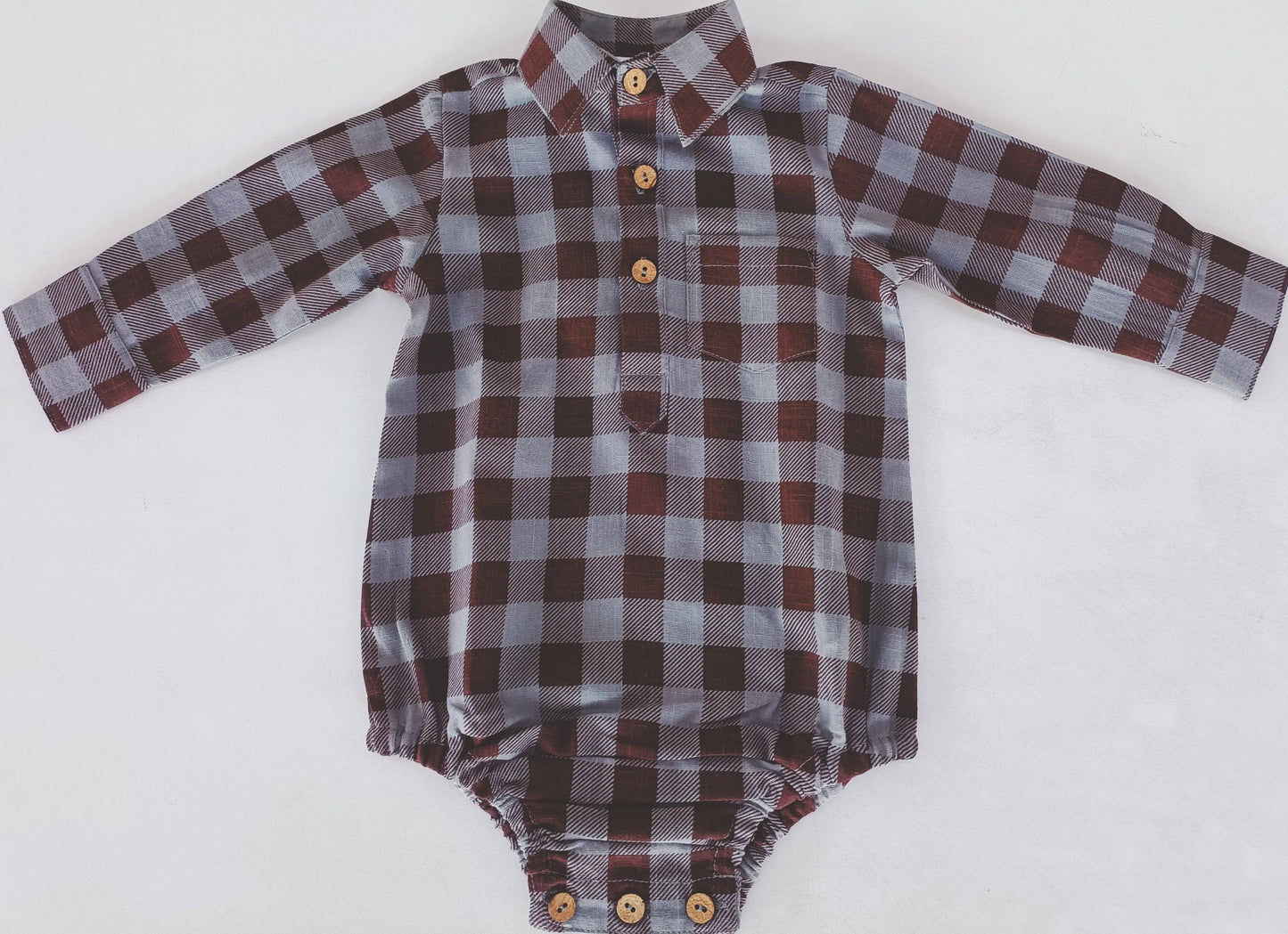 Burgundy Checkered Print Long Sleeve Baby Romper