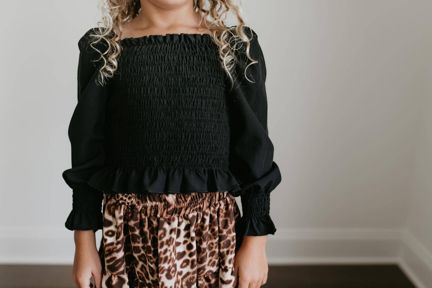 Black Ruched Top & Leopard Long Skirt 2 Piece Set