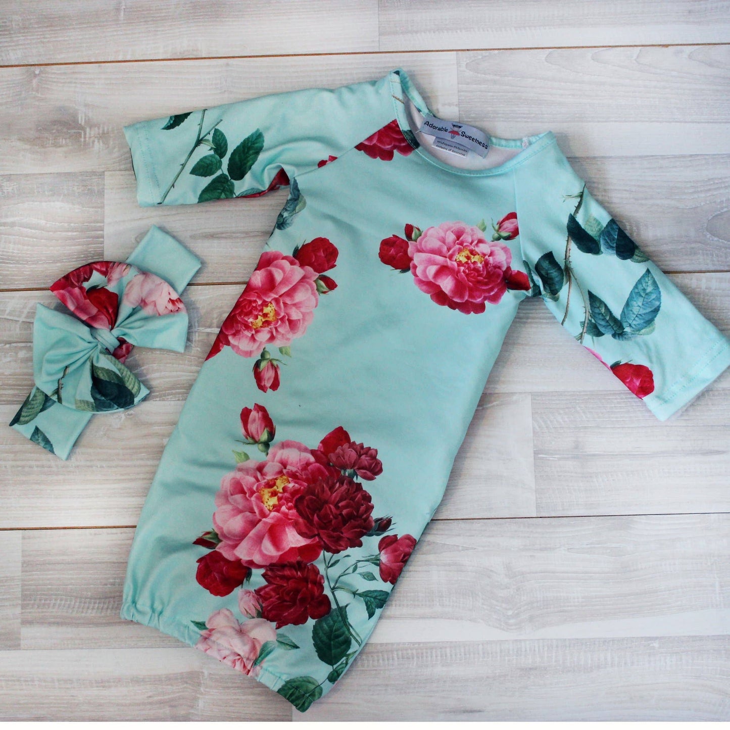 Teal Rose Baby Gown & Bow Headband