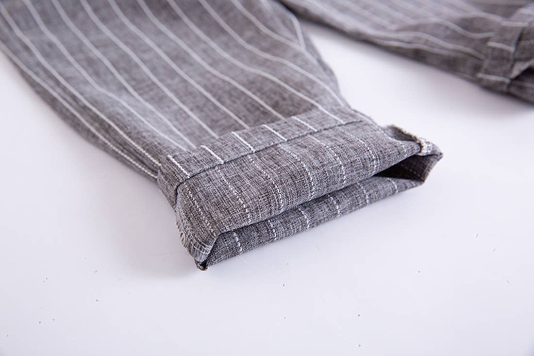 Grey Stripe Cotton Chino Long Pants w/Suspenders