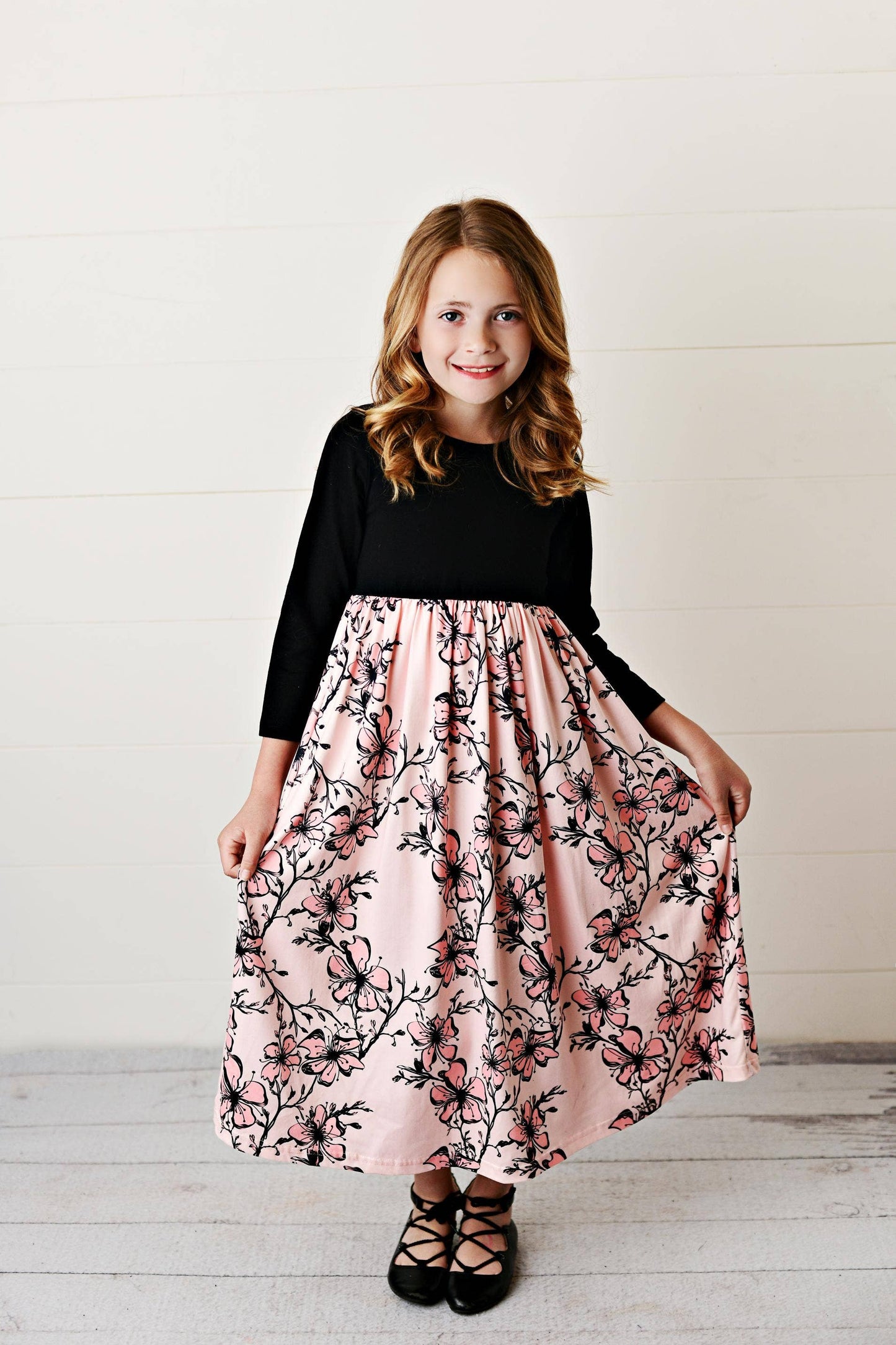 Blush Pink Cherry Blossom Long Sleeve Maxi Dress