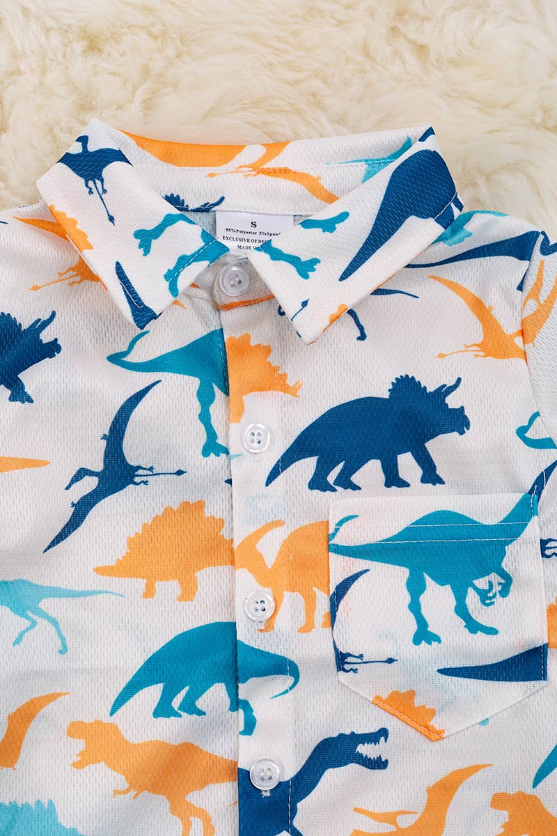 Dino Button Up Boys Shirt with Collar.