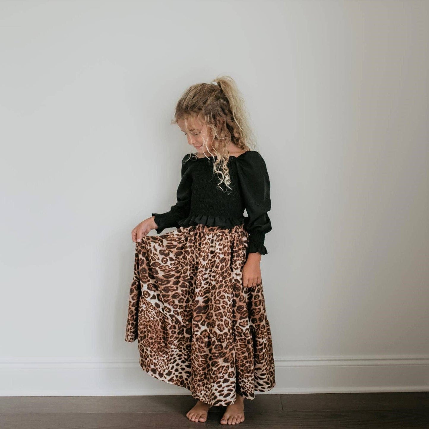 Black Ruched Top & Leopard Long Skirt 2 Piece Set
