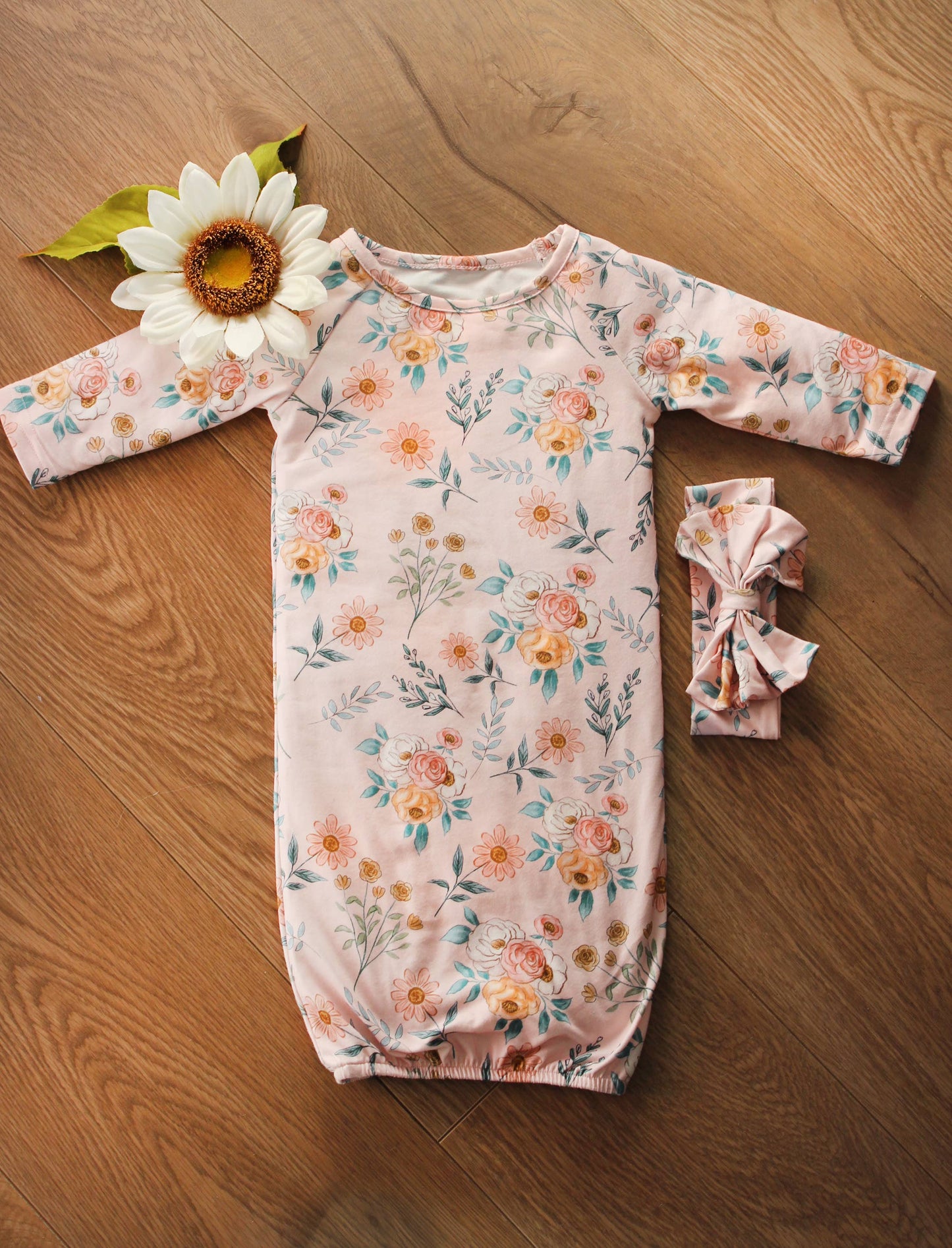 Pink Botanical Baby Gown & Bow Headband
