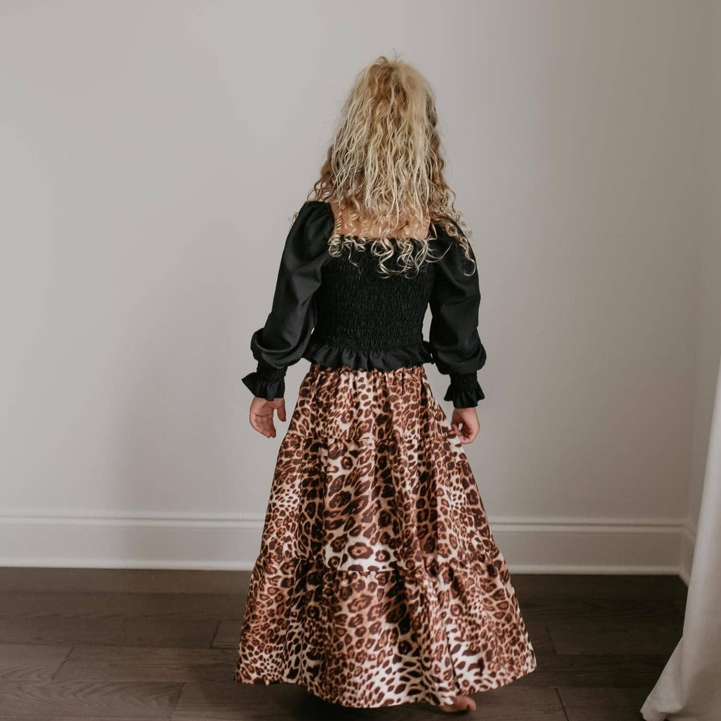 Black Ruched Top & Leopard Long Skirt 2 Piece Set