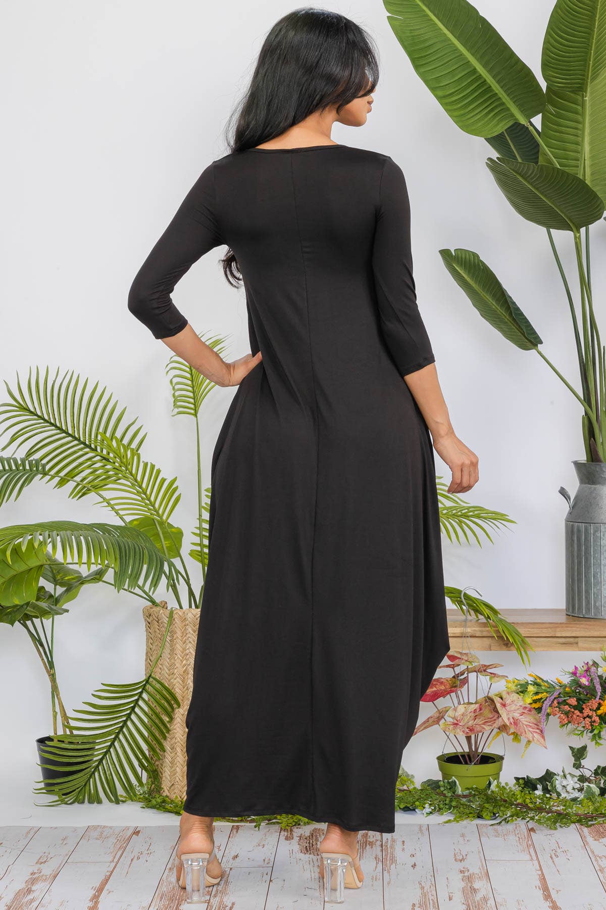 Solid 3/4 Sleeve Maxi Dress